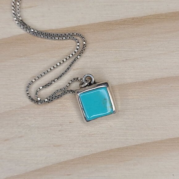 Vintage Sterling Silver Square Turquoise Pendant Necklace Minimalist 19" - Picture 3 of 8